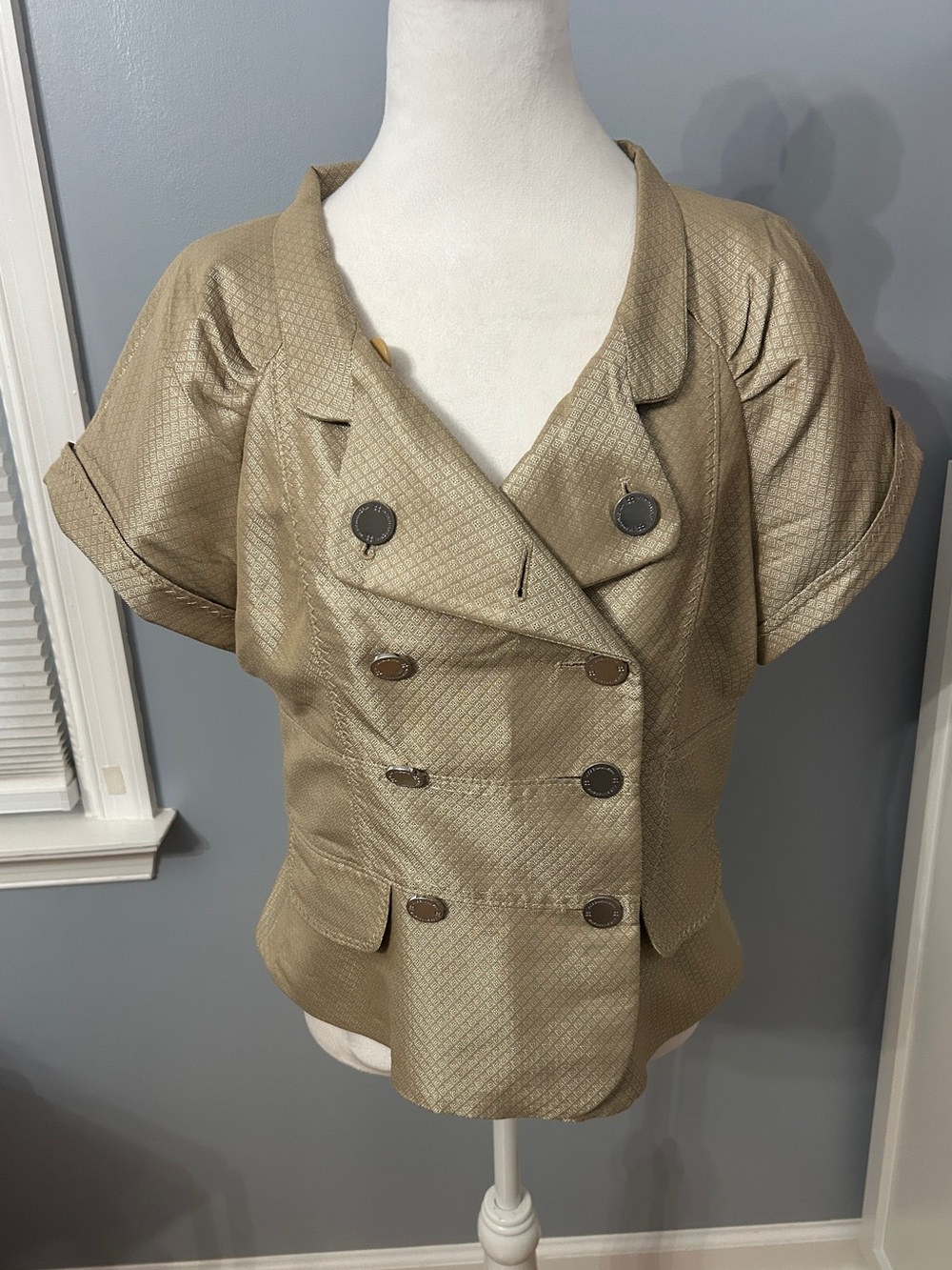 BCBGMAXAZRIA Women’s M Gold Diamond Double Breasted Blazer Puff Sleeve Jacket